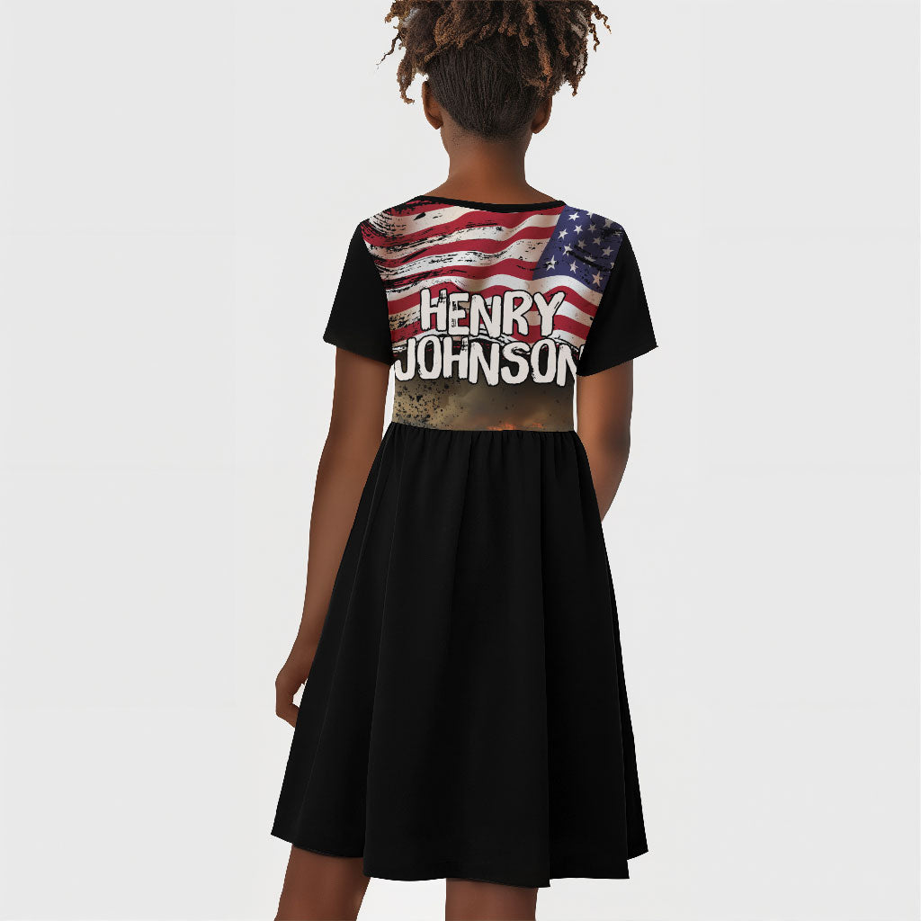 Henry Johnson Black History Month Kid Short Sleeve Dress Distressed US Flag American Hero Portrait