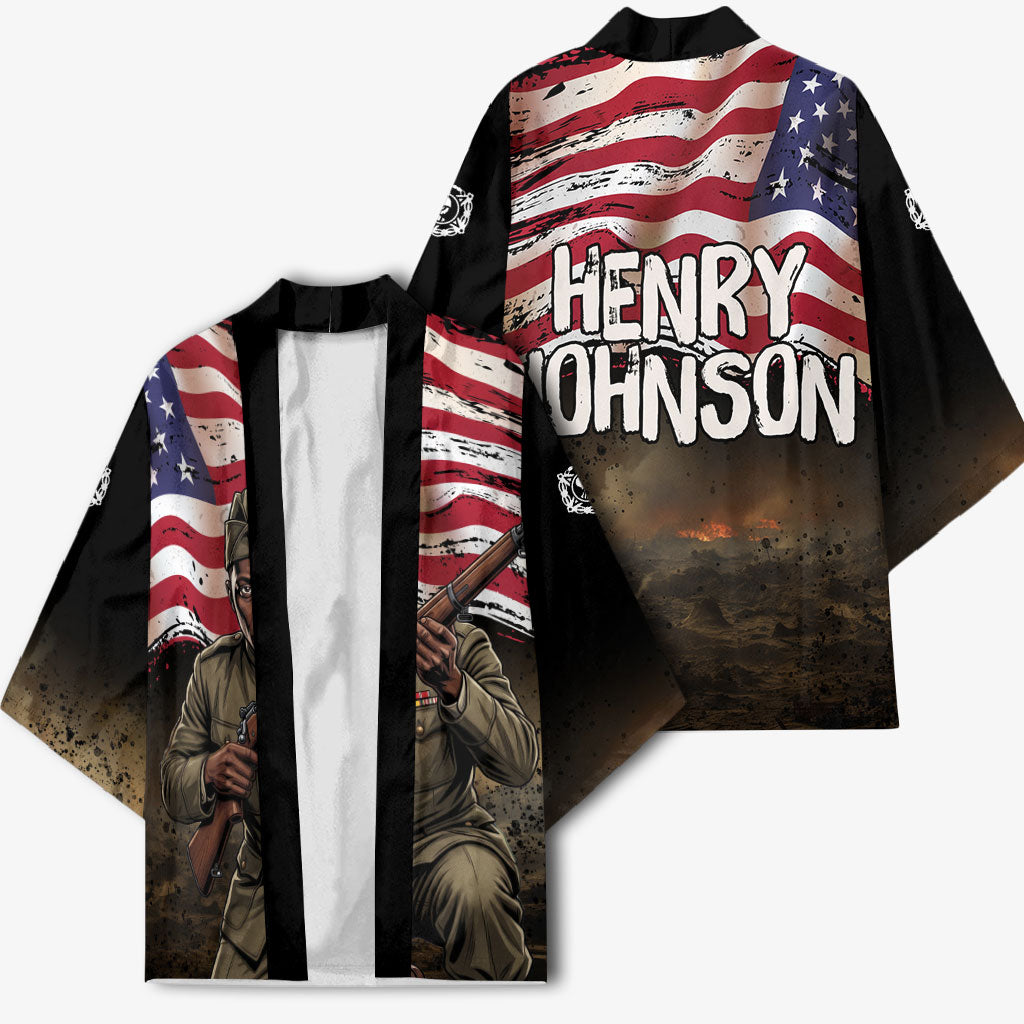 Henry Johnson Black History Month Kimono Distressed US Flag American Hero Portrait