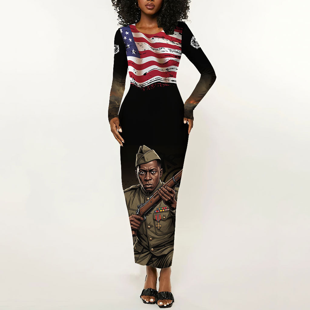 Henry Johnson Black History Month Long Sleeve Bodycon Dress Distressed US Flag American Hero Portrait by African Pride Shop