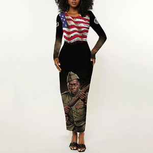 Henry Johnson Black History Month Long Sleeve Bodycon Dress Distressed US Flag American Hero Portrait