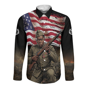 Henry Johnson Black History Month Long Sleeve Button Shirt Distressed US Flag American Hero Portrait