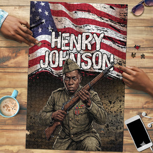 Henry Johnson Black History Month Puzzle Distressed US Flag American Hero Portrait