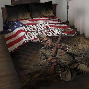 Henry Johnson Black History Month Quilt Bed Set Distressed US Flag American Hero Portrait