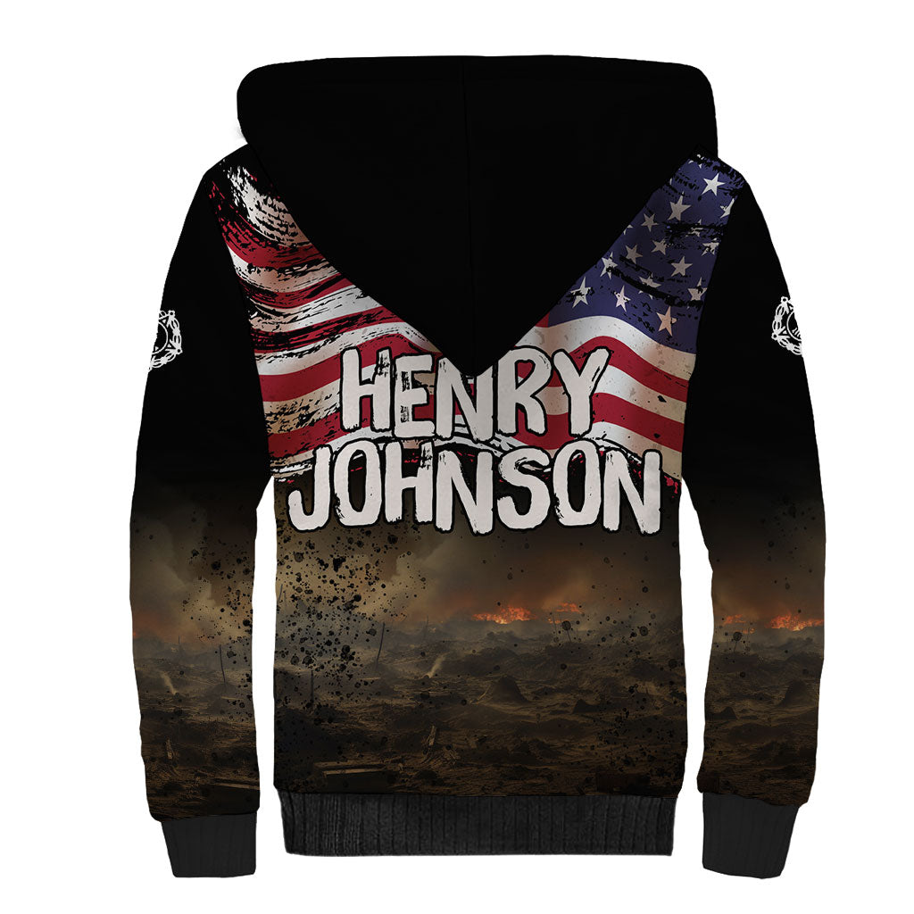 Henry Johnson Black History Month Sherpa Hoodie Distressed US Flag American Hero Portrait
