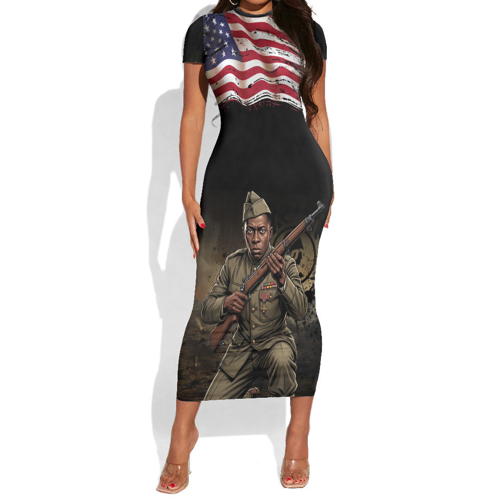 Henry Johnson Black History Month Short Sleeve Bodycon Dress Distressed US Flag American Hero Portrait