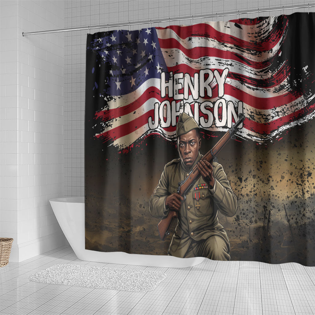 Henry Johnson Black History Month Shower Curtain Distressed US Flag American Hero Portrait