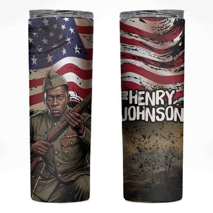 Henry Johnson Black History Month Skinny Tumbler Distressed US Flag American Hero Portrait