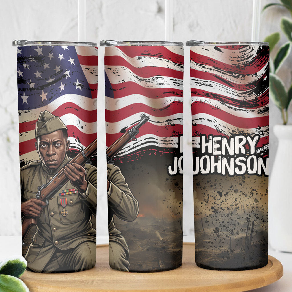 Henry Johnson Black History Month Skinny Tumbler Distressed US Flag American Hero Portrait