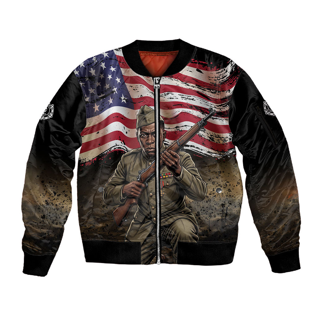 Henry Johnson Black History Month Sleeve Zip Bomber Jacket Distressed US Flag American Hero Portrait