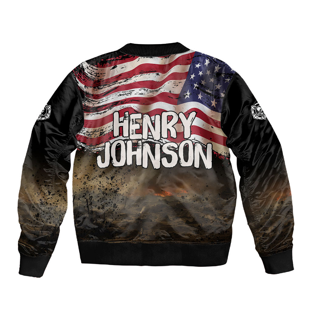 Henry Johnson Black History Month Sleeve Zip Bomber Jacket Distressed US Flag American Hero Portrait