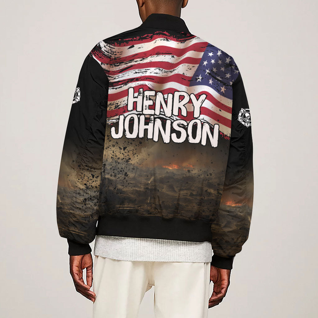 Henry Johnson Black History Month Sleeve Zip Bomber Jacket Distressed US Flag American Hero Portrait