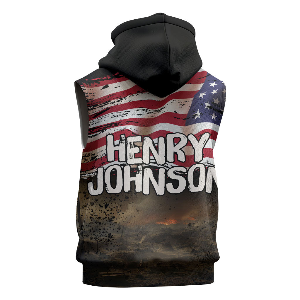 Henry Johnson Black History Month Sleeveless Hoodie Distressed US Flag American Hero Portrait