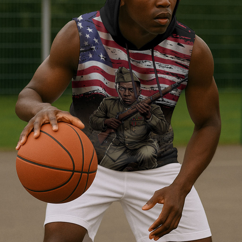 Henry Johnson Black History Month Sleeveless Hoodie Distressed US Flag American Hero Portrait