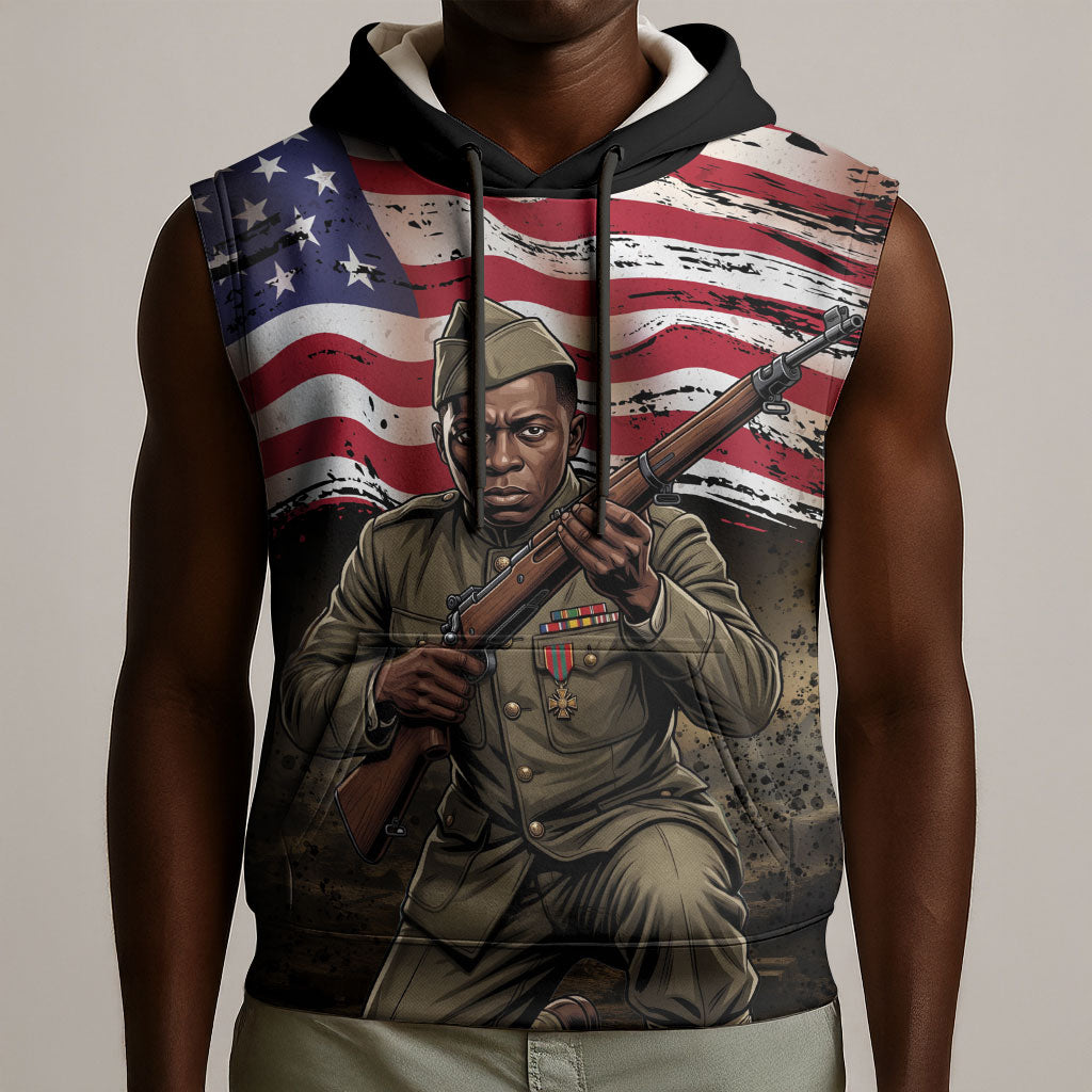 Henry Johnson Black History Month Sleeveless Hoodie Distressed US Flag American Hero Portrait