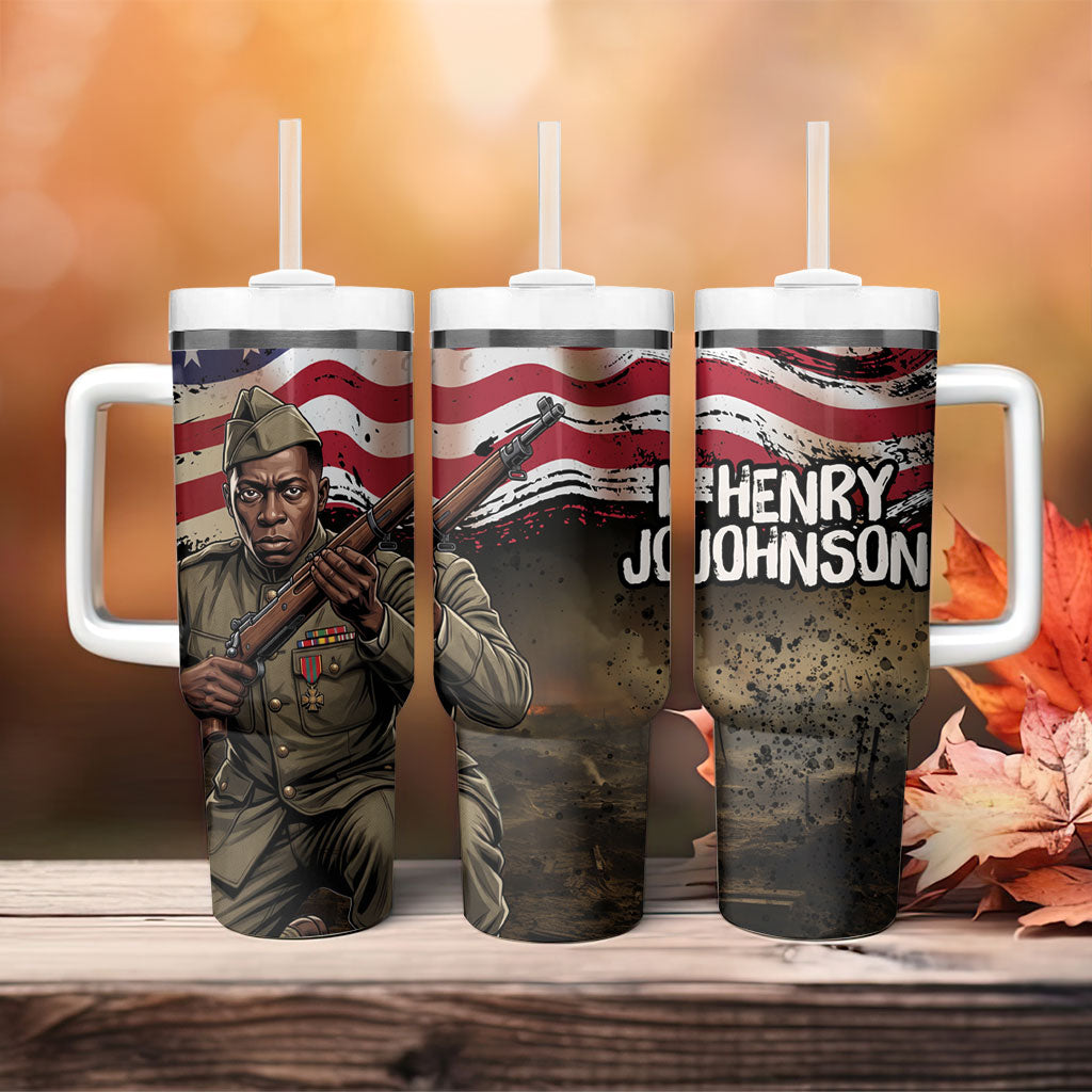 Henry Johnson Black History Month Tumbler With Handle Distressed US Flag American Hero Portrait