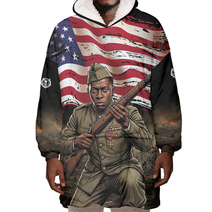 Henry Johnson Black History Month Wearable Blanket Hoodie Distressed US Flag American Hero Portrait