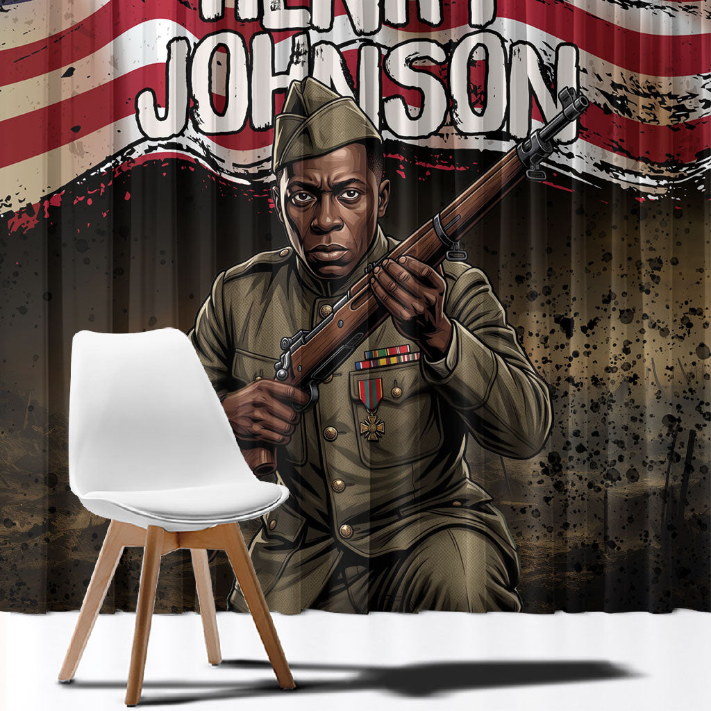 Henry Johnson Black History Month Window Curtain Distressed US Flag American Hero Portrait