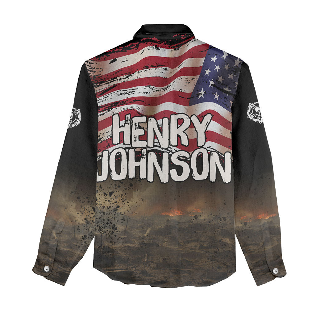 Henry Johnson Black History Month Women Casual Shirt Distressed US Flag American Hero Portrait