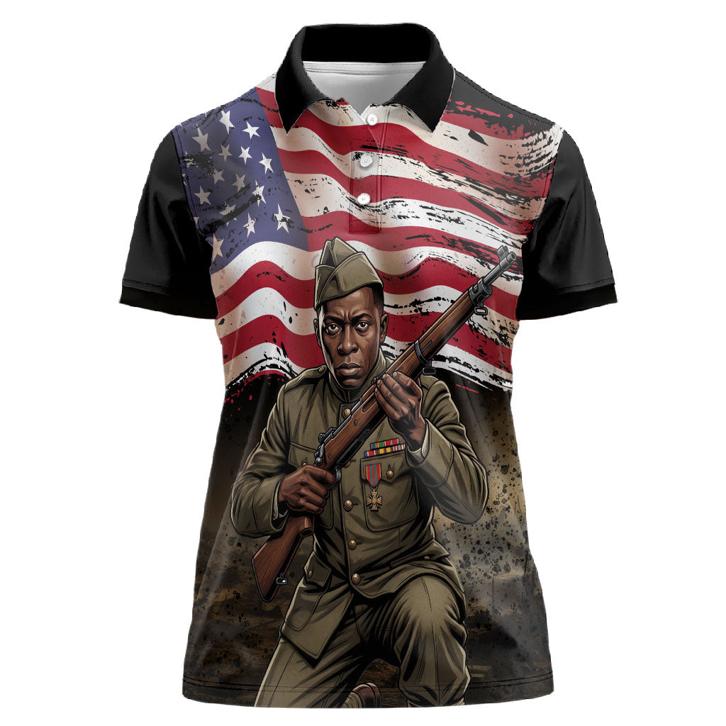 Henry Johnson Black History Month Women Polo Shirt Distressed US Flag American Hero Portrait