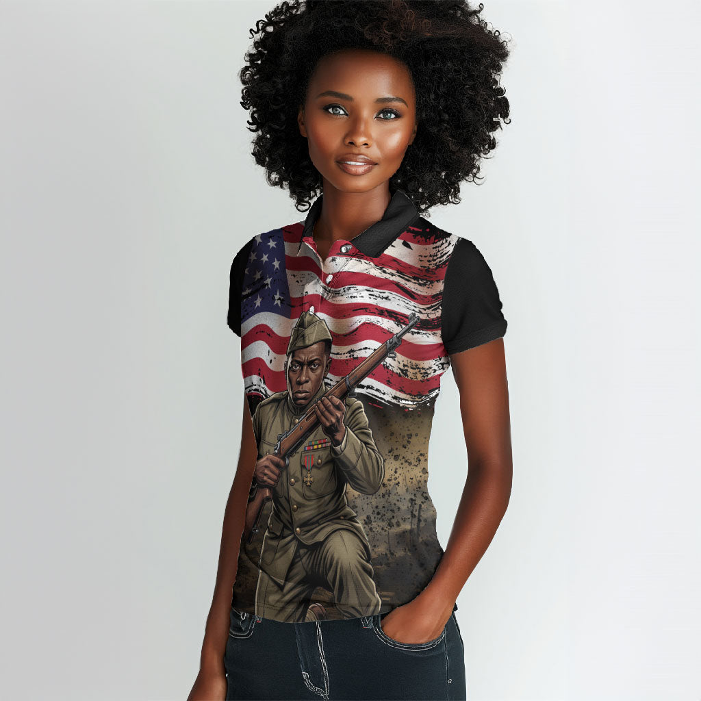 Henry Johnson Black History Month Women Polo Shirt Distressed US Flag American Hero Portrait