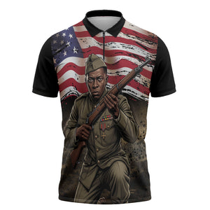 Henry Johnson Black History Month Zipper Polo Shirt Distressed US Flag American Hero Portrait