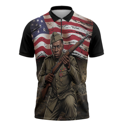 Henry Johnson Black History Month Zipper Polo Shirt Distressed US Flag American Hero Portrait