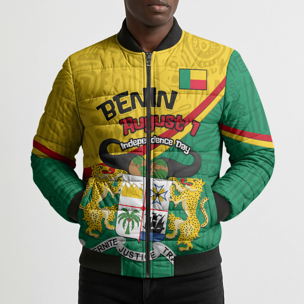 Benin Independence Day August 1 Bomber Puffer Jacket Coat Of Arms Heritage Raised Fist Flag