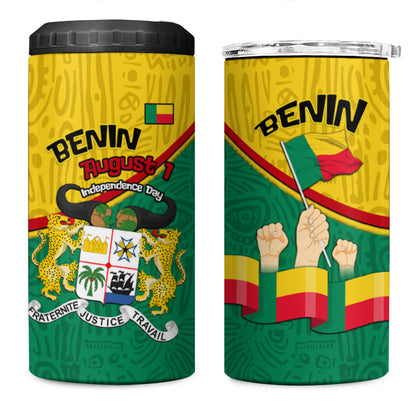 Benin Independence Day August 1 4 in 1 Can Cooler Tumbler Coat Of Arms Heritage Raised Fist Flag