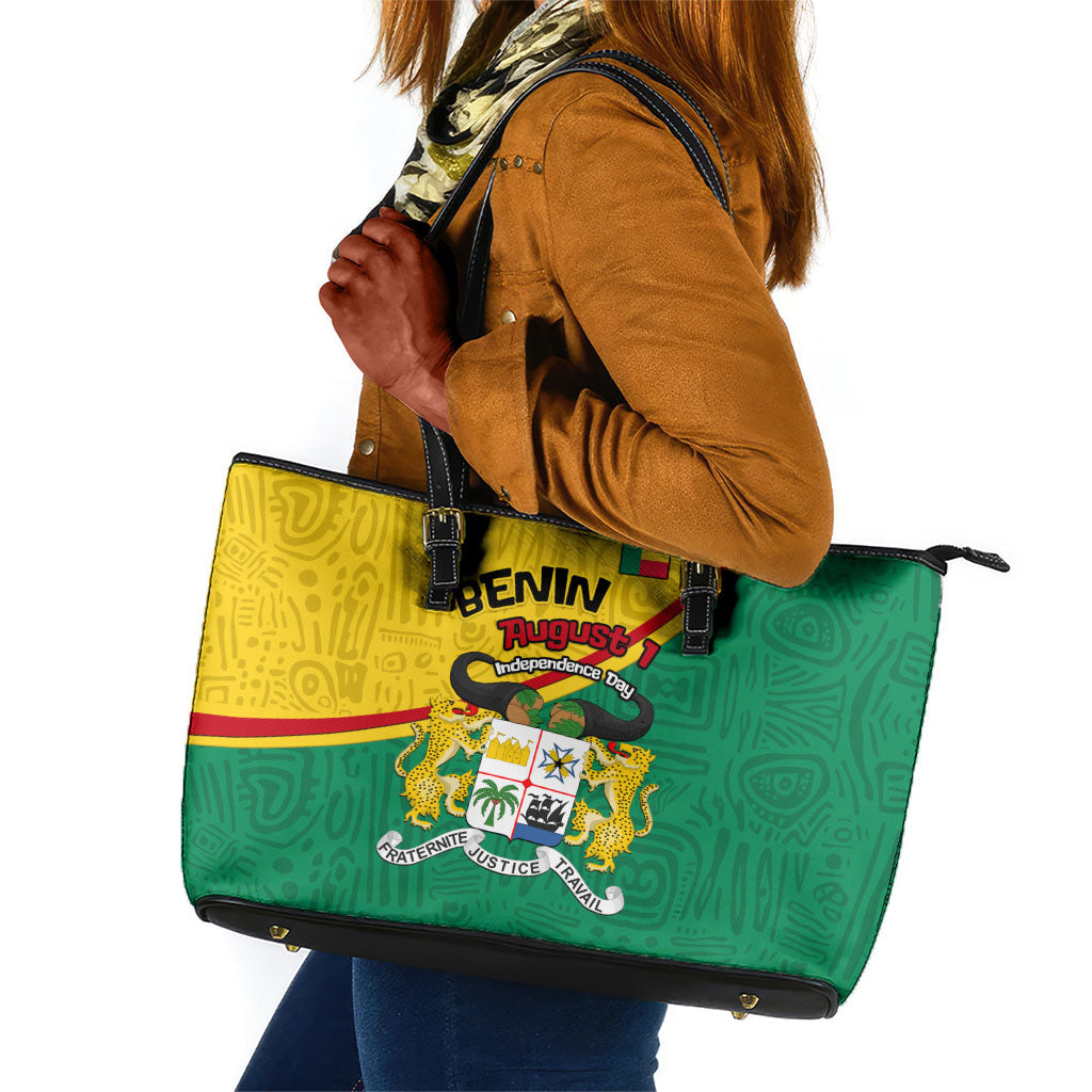 Benin Independence Day August 1 Leather Tote Bag Coat Of Arms Heritage Raised Fist Flag