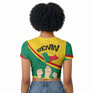 Benin Independence Day August 1 Raglan Cropped T shirt Coat Of Arms Heritage Raised Fist Flag