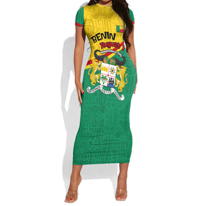 Benin Independence Day August 1 Short Sleeve Bodycon Dress Coat Of Arms Heritage Raised Fist Flag