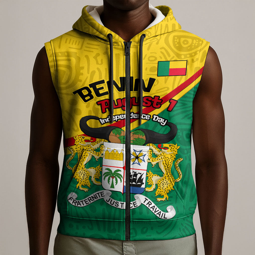 Benin Independence Day August 1 Sleeveless Zip Hoodie Coat Of Arms Heritage Raised Fist Flag