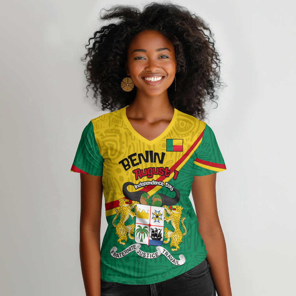 Benin Independence Day August 1 Women V-Neck T-Shirt Coat Of Arms Heritage Raised Fist Flag