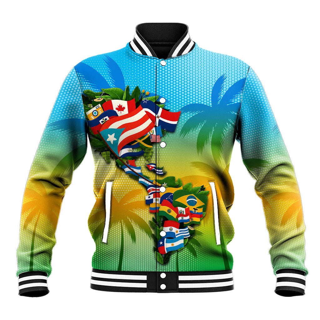 Caribbean-American Heritage Month Baseball Jacket Colorful Caribbean & Latin American Flag Map