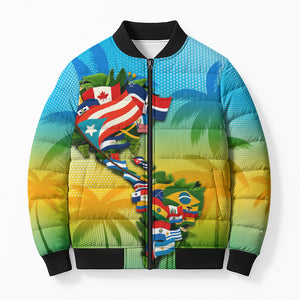 Caribbean-American Heritage Month Bomber Puffer Jacket Colorful Caribbean & Latin American Flag Map