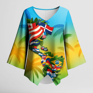 Caribbean-American Heritage Month Kimono Sleeve Blouse Colorful Caribbean & Latin American Flag Map