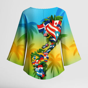Caribbean-American Heritage Month Kimono Sleeve Blouse Colorful Caribbean & Latin American Flag Map