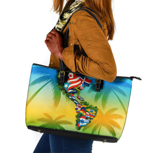 Caribbean-American Heritage Month Leather Tote Bag Colorful Caribbean & Latin American Flag Map