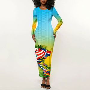 Caribbean-American Heritage Month Long Sleeve Bodycon Dress Colorful Caribbean & Latin American Flag Map