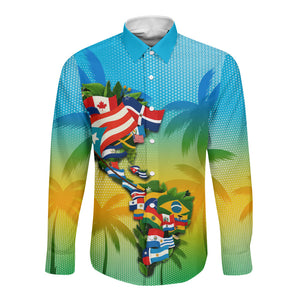 Caribbean-American Heritage Month Long Sleeve Button Shirt Colorful Caribbean & Latin American Flag Map