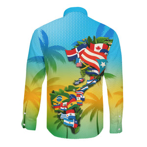 Caribbean-American Heritage Month Long Sleeve Button Shirt Colorful Caribbean & Latin American Flag Map