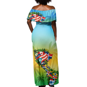 Caribbean-American Heritage Month Off Shoulder Maxi Dress Colorful Caribbean & Latin American Flag Map