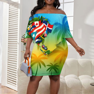 Caribbean-American Heritage Month Off Shoulder Short Dress Colorful Caribbean & Latin American Flag Map