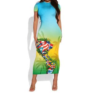 Caribbean-American Heritage Month Short Sleeve Bodycon Dress Colorful Caribbean & Latin American Flag Map