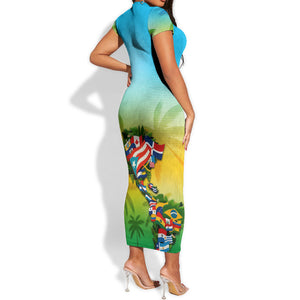 Caribbean-American Heritage Month Short Sleeve Bodycon Dress Colorful Caribbean & Latin American Flag Map