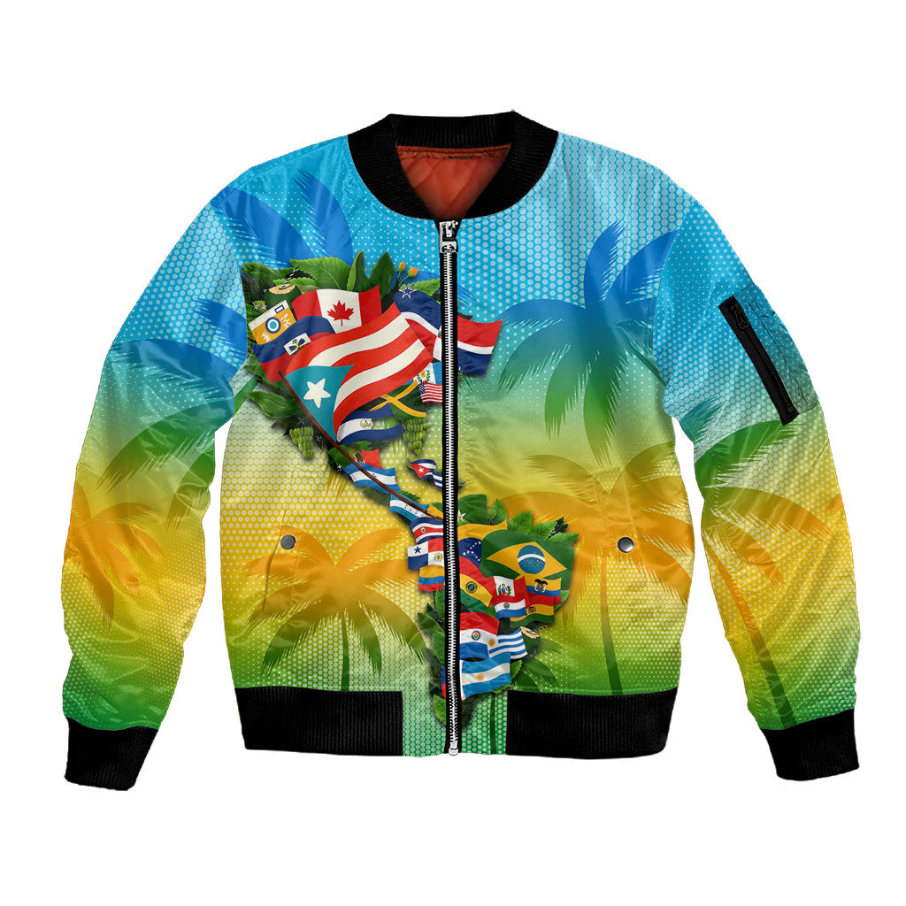 Caribbean-American Heritage Month Sleeve Zip Bomber Jacket Colorful Caribbean & Latin American Flag Map