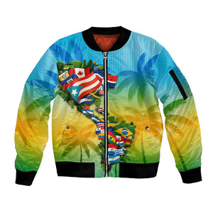 Caribbean-American Heritage Month Sleeve Zip Bomber Jacket Colorful Caribbean & Latin American Flag Map