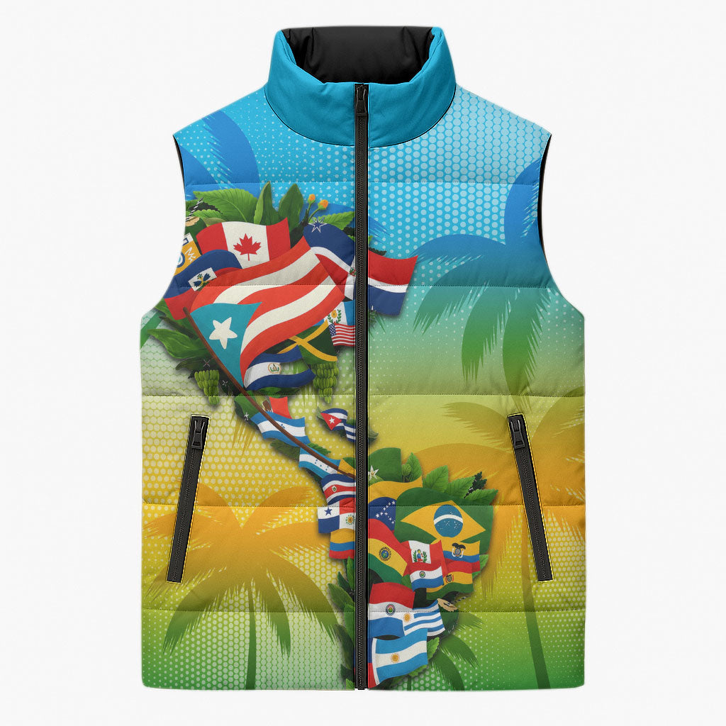 Caribbean-American Heritage Month Sleeveless Puffer Jacket Colorful Caribbean & Latin American Flag Map
