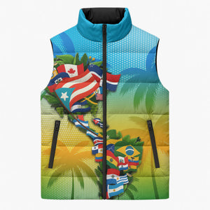 Caribbean-American Heritage Month Sleeveless Puffer Jacket Colorful Caribbean & Latin American Flag Map
