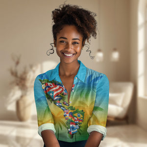 Caribbean-American Heritage Month Women Casual Shirt Colorful Caribbean & Latin American Flag Map